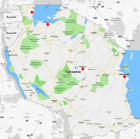 Karte von Tansania mit Städten, Parks und umliegenden ostafrikanischen Ländern.