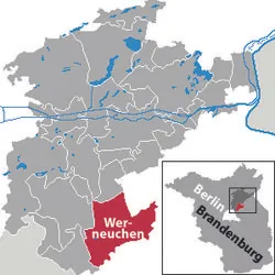 Karte zeigt die Lage von Werneuchen innerhalb Brandenburgs, Deutschland.